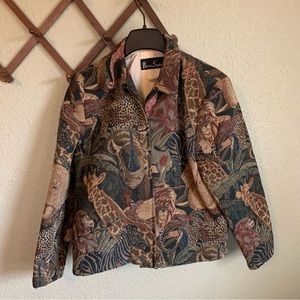 Vintage Safari Tapestry Jacket blazer Zebra Lion Giraffe elephant tiger 90s